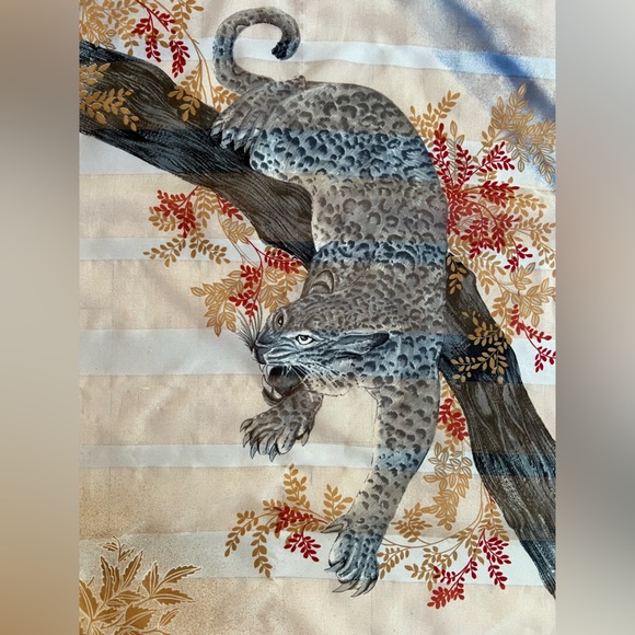 🐆Vintage 70s Gim Renoir Square Cheetah Scarf Blue & White | Red Border | 33" Sq - Picture 11 of 17